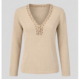 Vintage Y2K Charter Club Petite Beige Ribbed Crochet Beaded‎ Knit Top PS